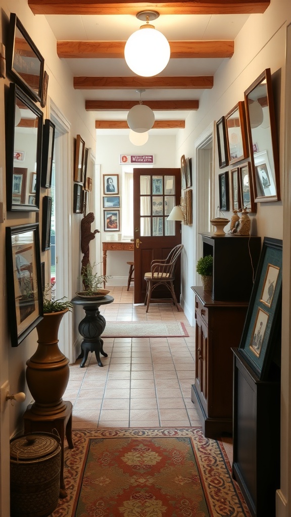 A cozy hallway with eclectic art displays, featuring framed pictures and mirrors, warm wooden beams, and decorative furniture.