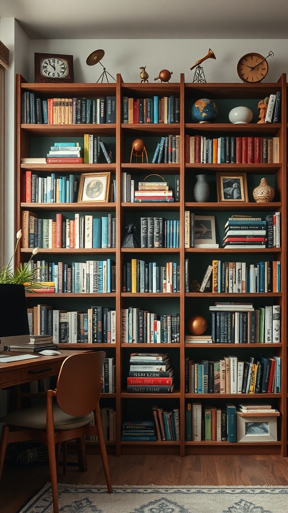 A well-organized bookshelf filled with books and decorative items in a cozy room.