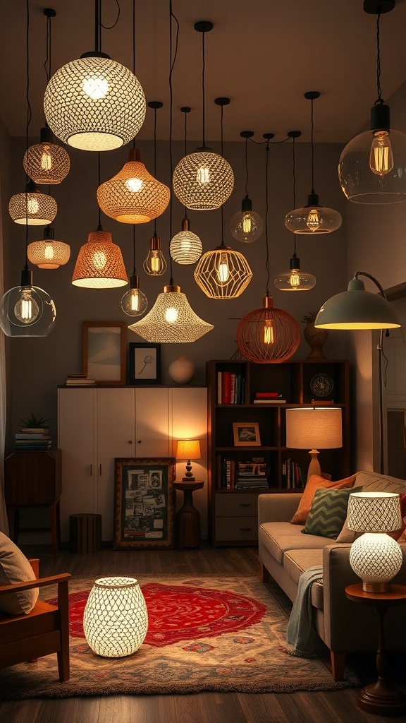 An eclectic arrangement of various lighting fixtures hanging from the ceiling in a cozy living room setting.