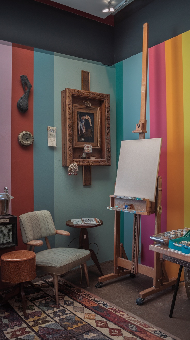 A colorful art studio with turquoise walls, wooden shelves, and eclectic seating.