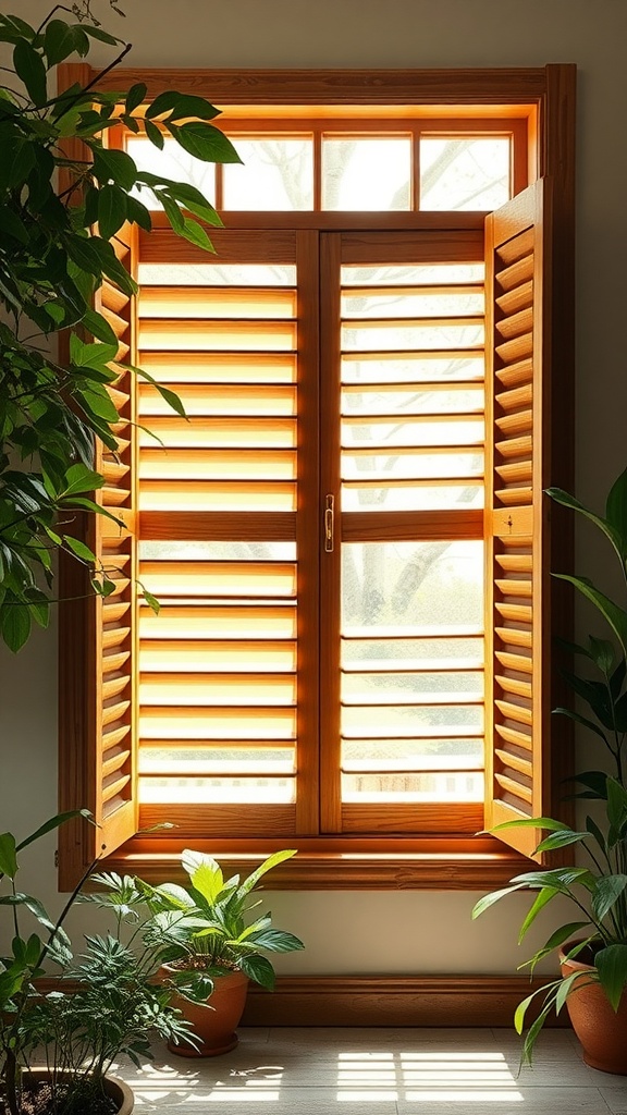 Eco-friendly bamboo shutters open to let in light with potted plants in a cozy room.
