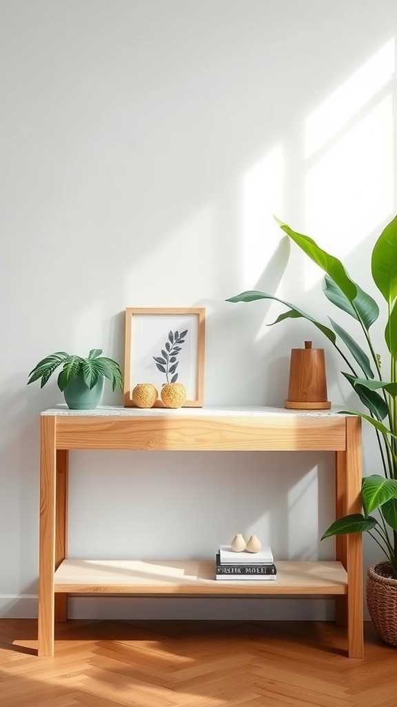 A stylish console table made from eco-friendly materials, decorated with plants and minimal accessories.