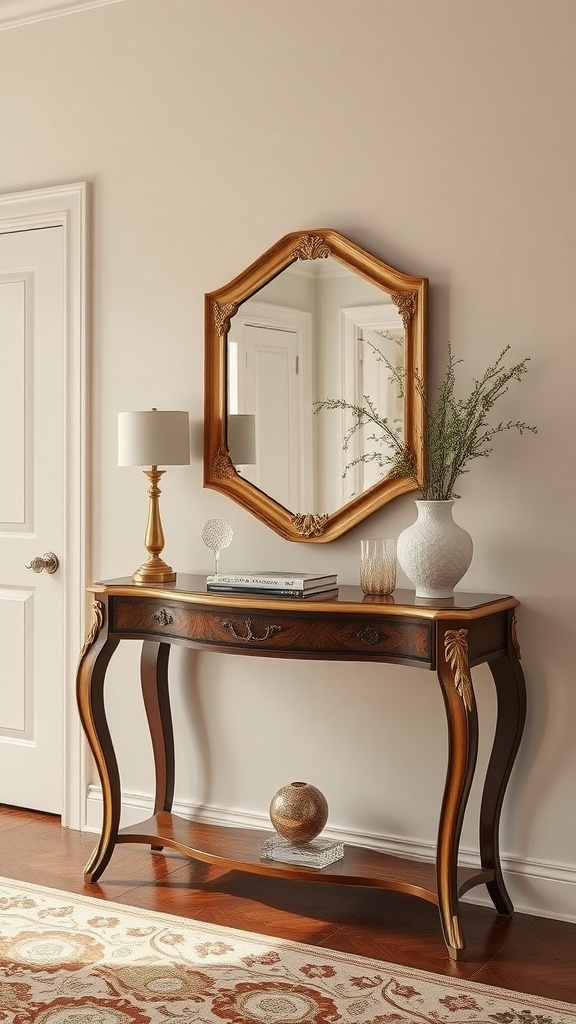 Elegant console table setup with a mirror and decorative items in an entryway.