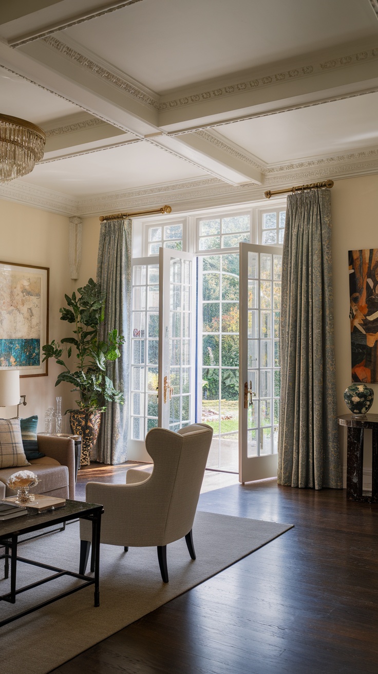 Interior view of a living room with French doors leading to a garden