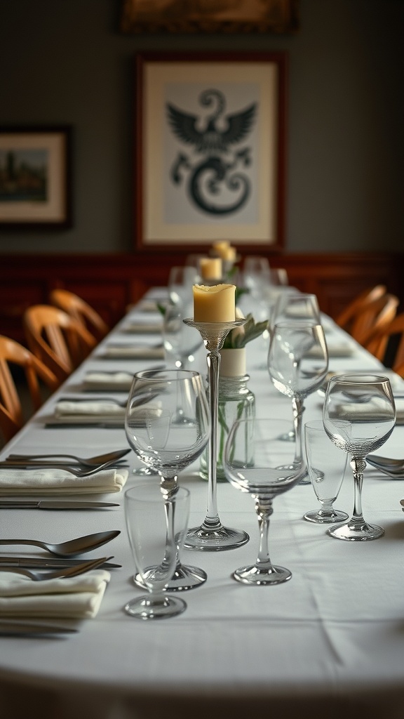 A beautifully set dining table with various types of glassware, including tall wine glasses and candle holders, against a backdrop of artwork.