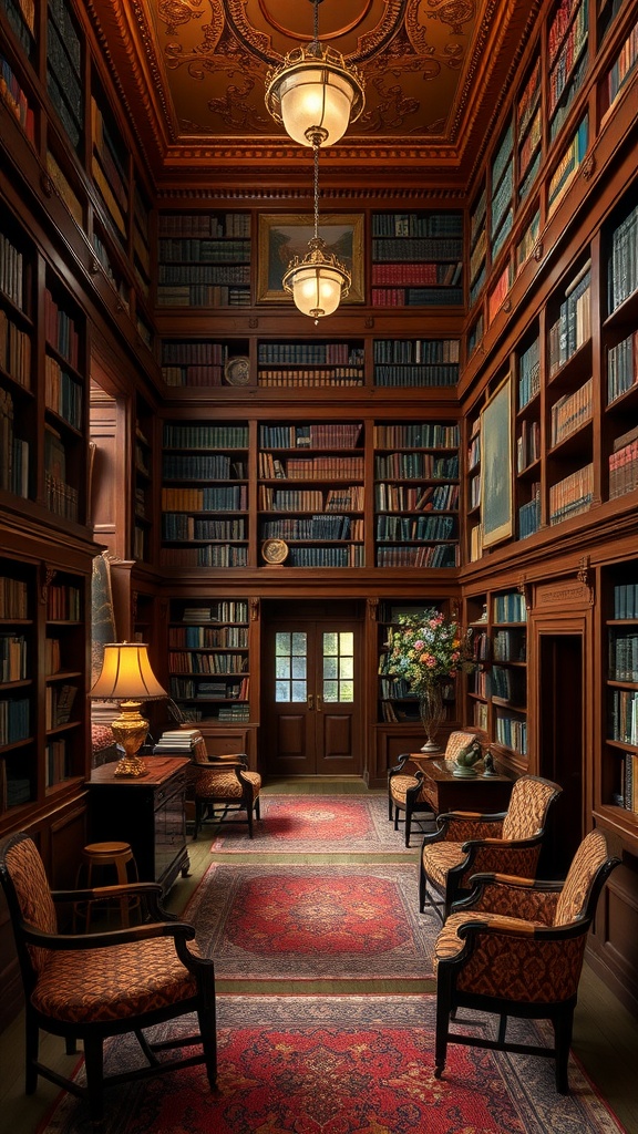A vintage library featuring wooden bookshelves filled with books, ornate ceiling details, elegant lighting, and comfortable seating.