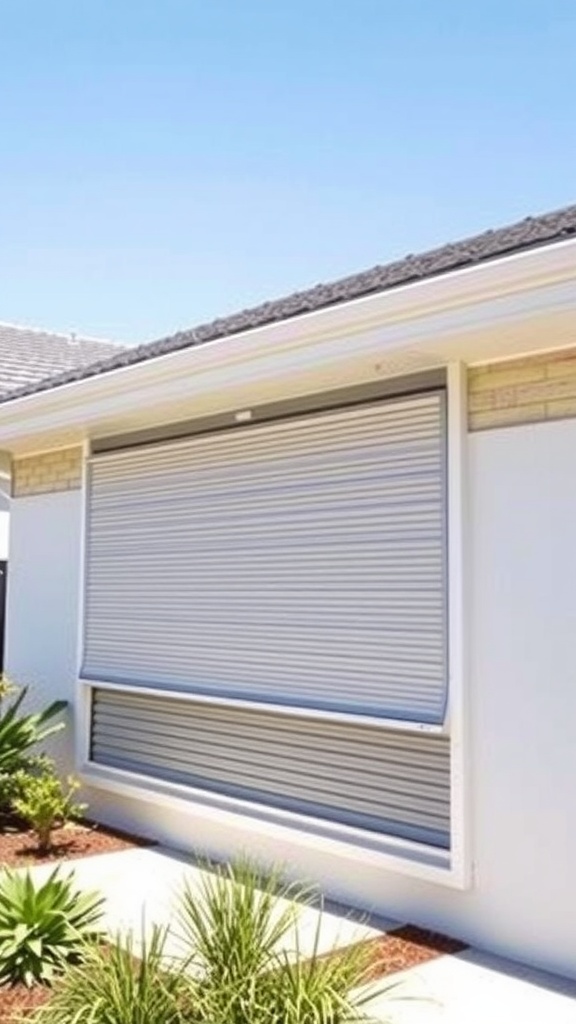 Exterior roll-up shutters on a modern home with a clear blue sky