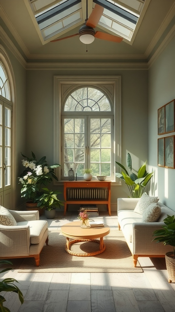 A cozy living room with faded olive walls, cream furniture, and large windows allowing natural light.