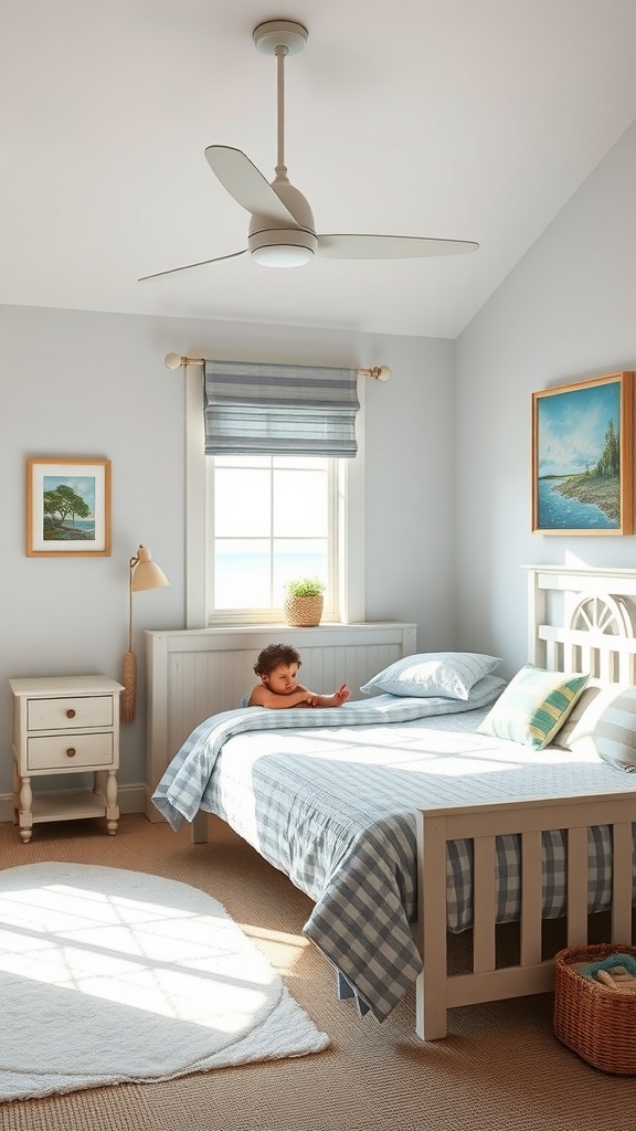 Coastal bedroom with a child sitting on the bed and natural light streaming in