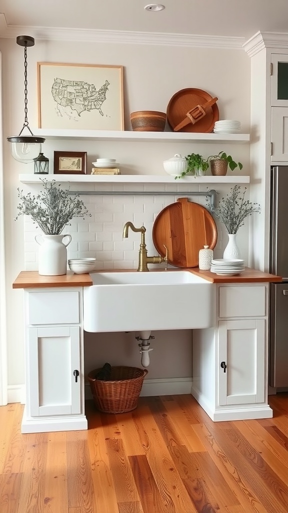 A farmhouse sink with wooden countertop and open shelving, decorated with rustic items and plants.