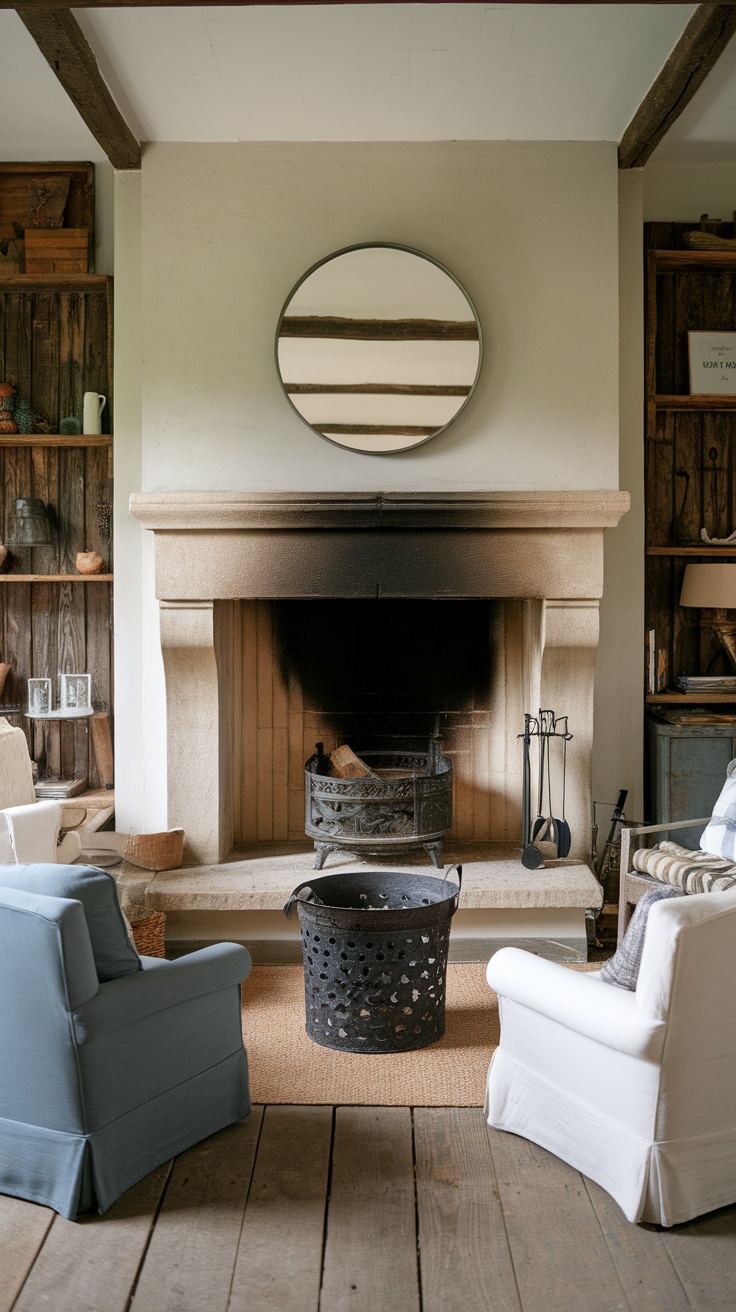 A cozy farmhouse living room with a stone fireplace, wooden mantel, and comfortable seating.