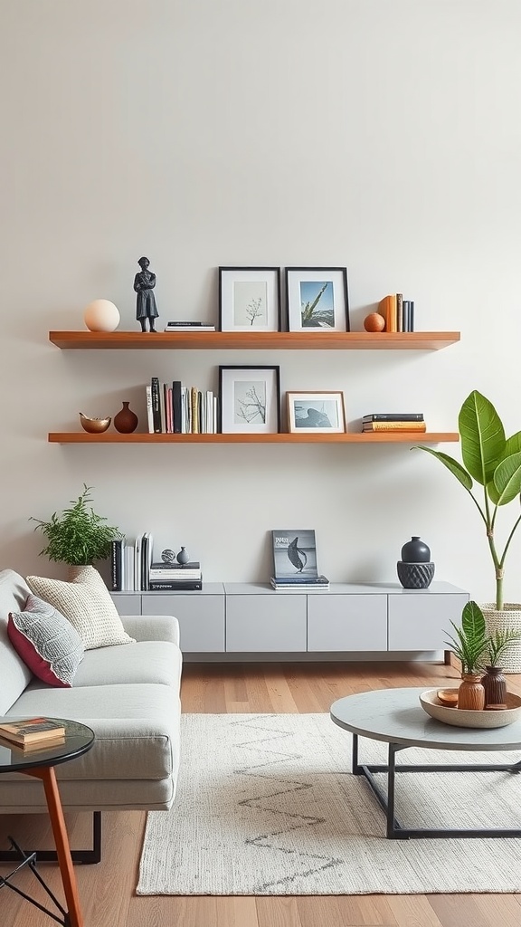 A modern living room featuring floating wooden shelves with books and decorative items, a grey cabinet, a cozy sofa, and plants.