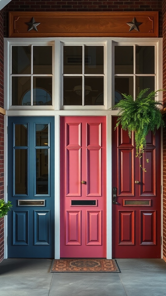 Three colorful French doors: blue, pink, and red, with a fern hanging beside them.