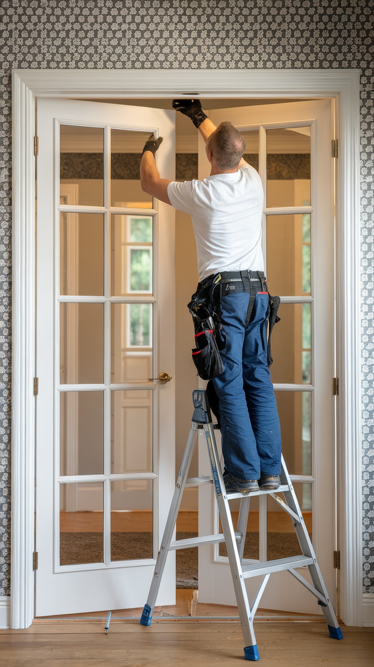 A person installing French doors in a home setting, focusing on the frame alignment.