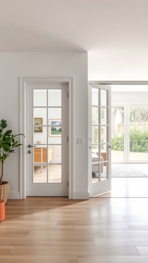 Interior view of a room showcasing French doors leading to an outdoor area, with plants and a warm wooden floor.