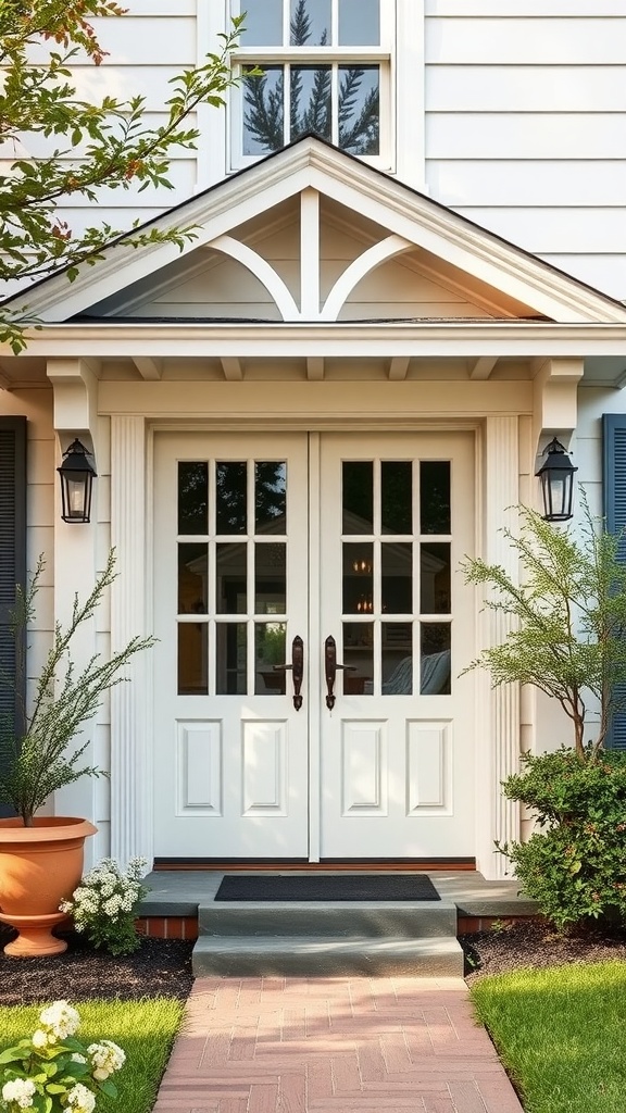 Beautiful white French doors at a house entrance, surrounded by greenery and elegant decor.