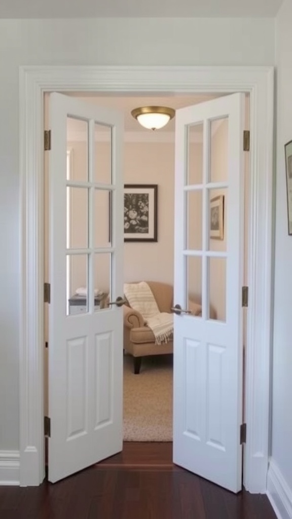 A pair of white French doors open into a small, cozy room with a chair and soft lighting.