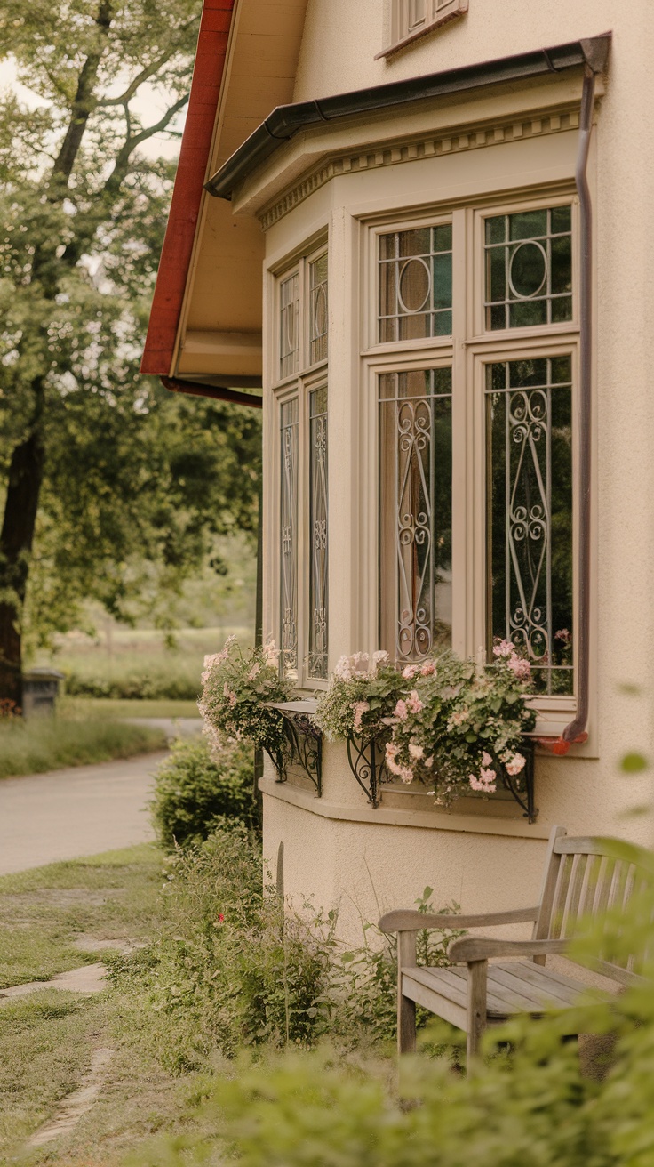 Elegant French windows with intricate metalwork and a small plant in front