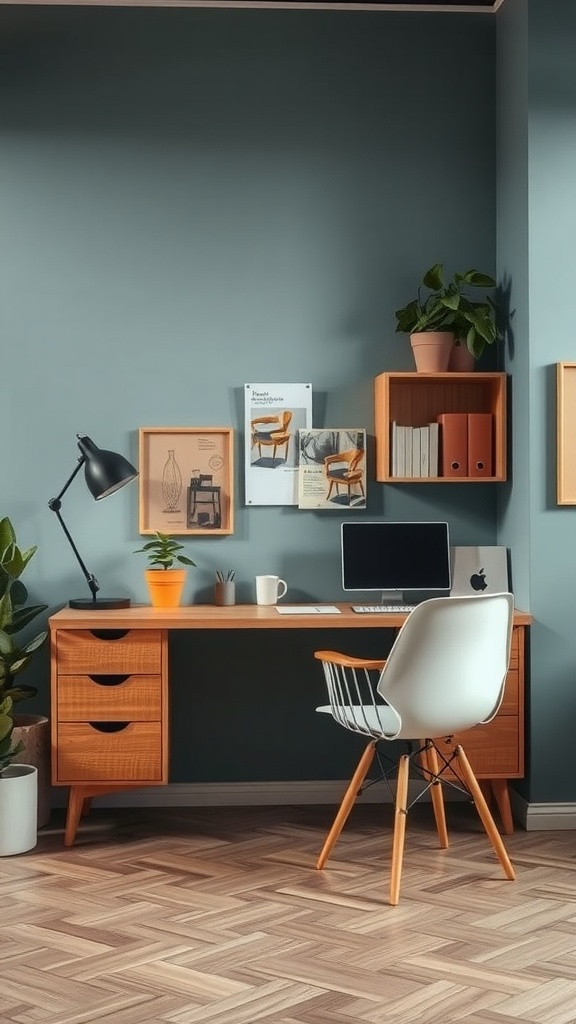 A mid-century modern workspace featuring a wooden desk, ergonomic chair, and potted plant.