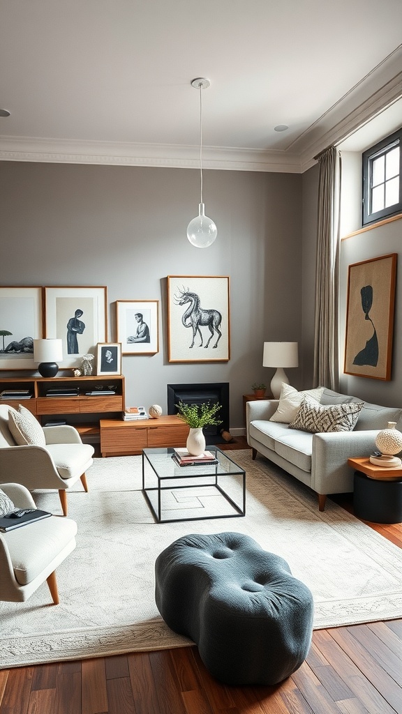 Stylish living room featuring functional art pieces like a unique ottoman and wall art in neutral tones.