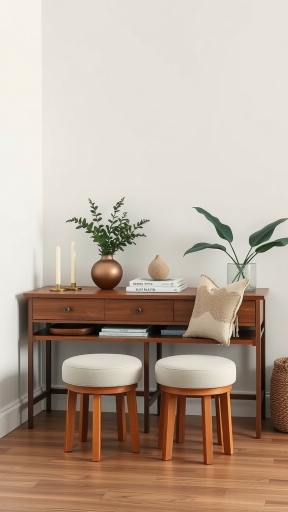 A wooden console table with stools and decorative elements in a cozy corner