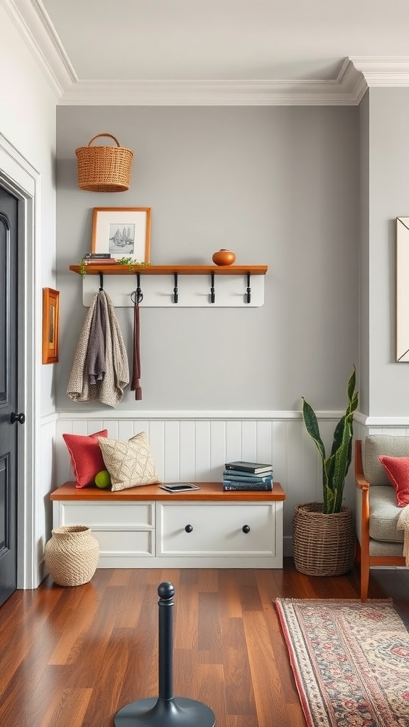 A stylish entryway featuring a bench with storage, a wall shelf with hooks, and decorative elements.