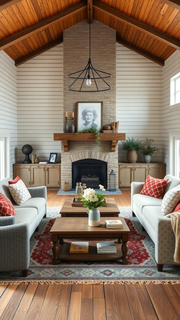 Cozy farmhouse living room with a wooden coffee table, two sofas, and a fireplace.