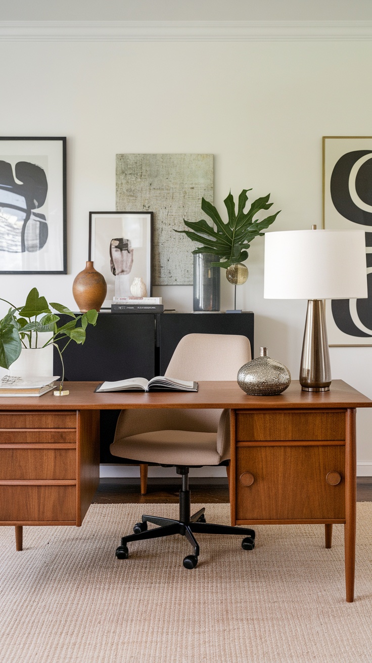 A stylish mid-century modern home office featuring a wooden desk, computer, minimalist chair, and decorative shelves.