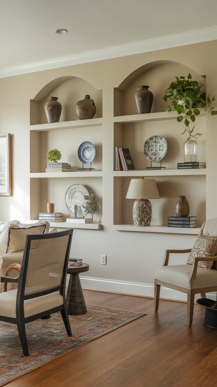 Cozy farmhouse living room with open shelving, featuring wooden shelves filled with books and plants, and a stylish coffee table.