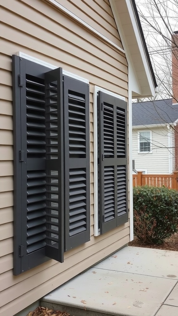Black window shutters on a home, showcasing a functional design for security.