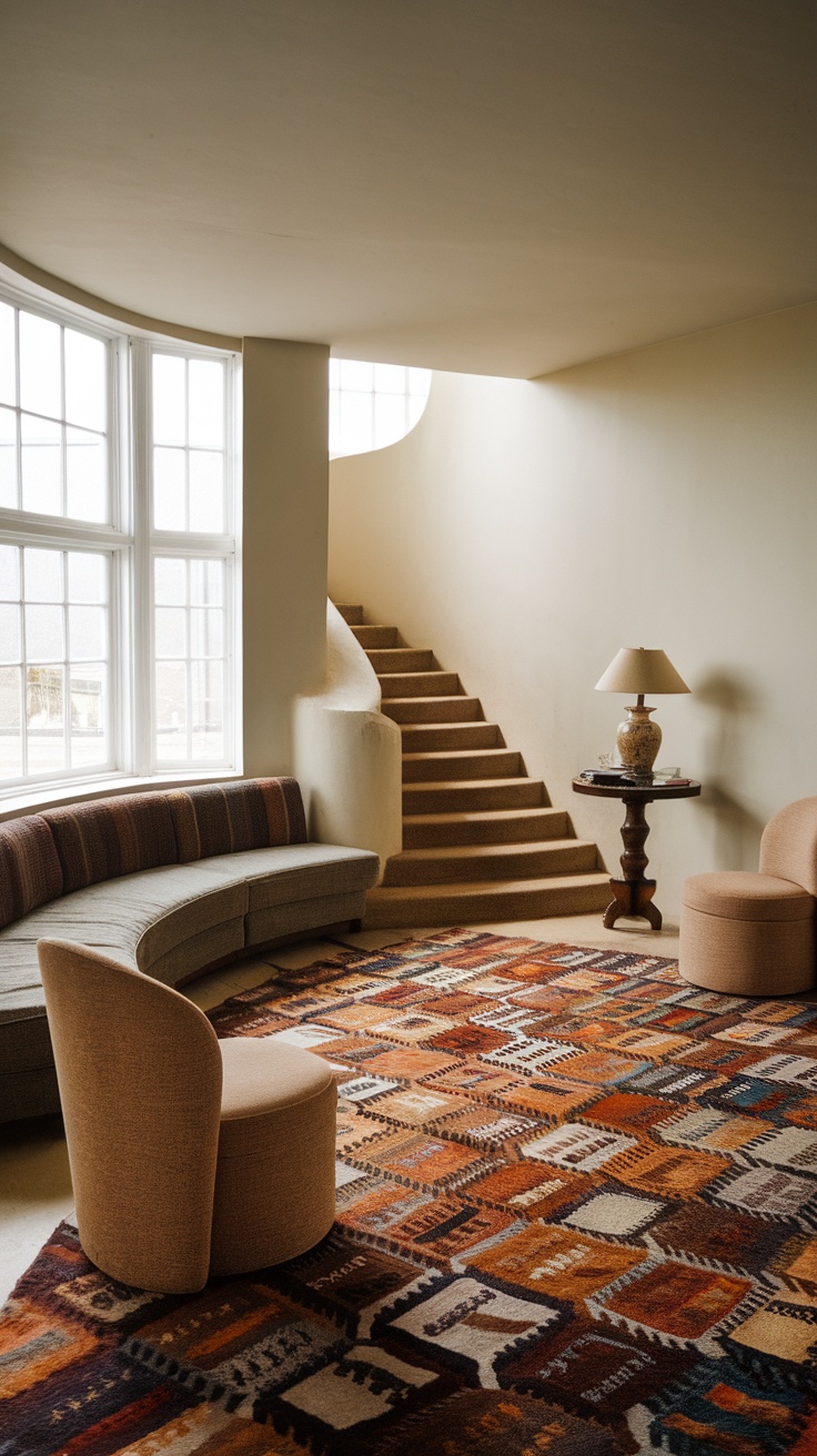 A cozy living room with a sectional sofa, accent chairs, and playful wall decor