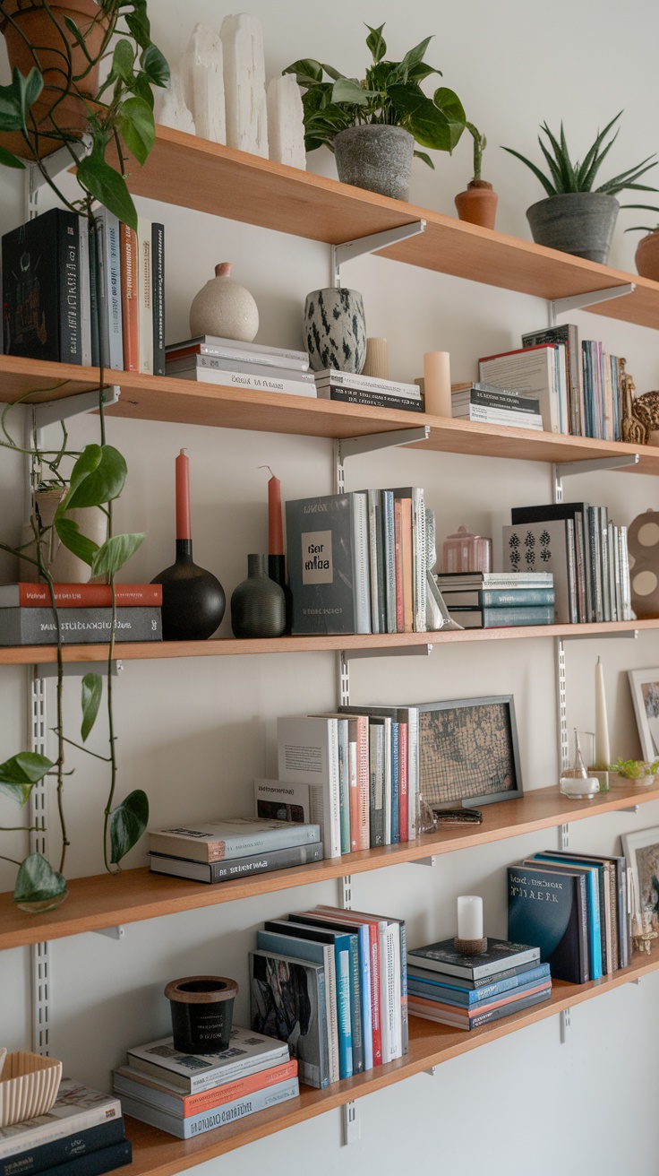 Gallery-style shelving with books, plants, and decorative items.