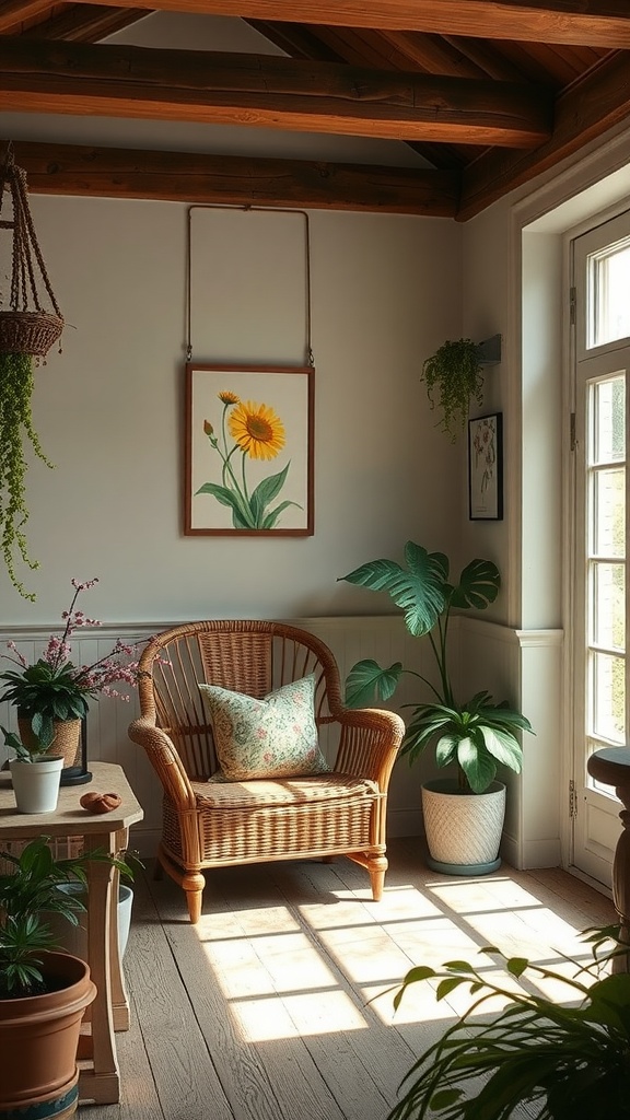 Cozy corner with a wicker chair, potted plants, and a sunflower painting