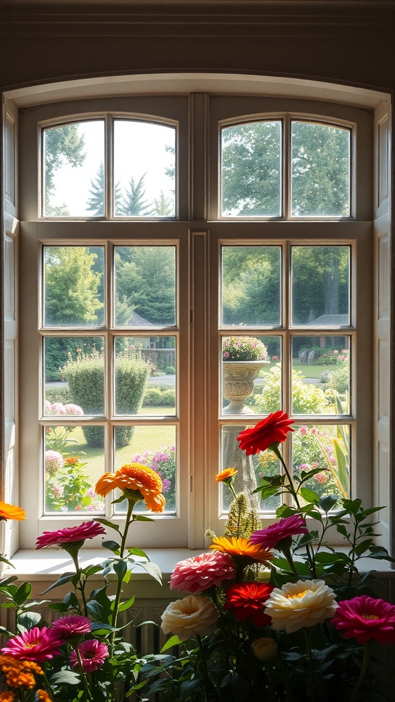A cozy window with a view of a colorful flower garden outside, featuring a variety of flowers on the sill.