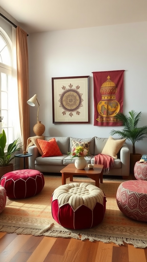 A cozy living room featuring a grey sofa with colorful cushions, decorative poufs, a wooden coffee table, and vibrant wall art.