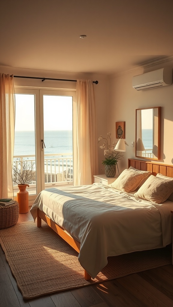 A coastal bedroom with golden hour lighting, featuring a view of the ocean through large windows, warm colors, and cozy decor.