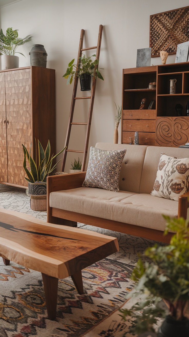 A cozy farmhouse living room with wooden furniture, a round coffee table, textured cushions, and nature-themed wall art.