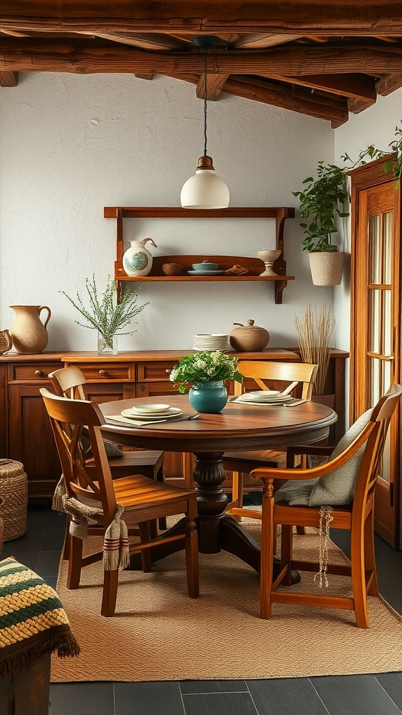 A cozy dining area with handcrafted wooden furniture featuring a round table and comfortable chairs.