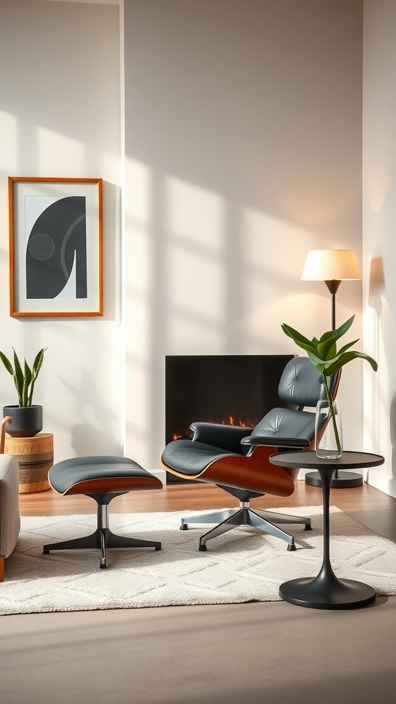 A mid-century modern living room featuring an Eames Lounge Chair with an ottoman, a side table, a lamp, and decorative plants.