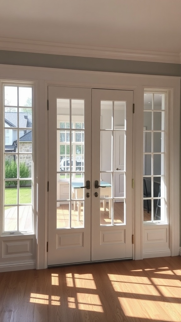 French doors with side windows leading to an outdoor area, bright and inviting interior