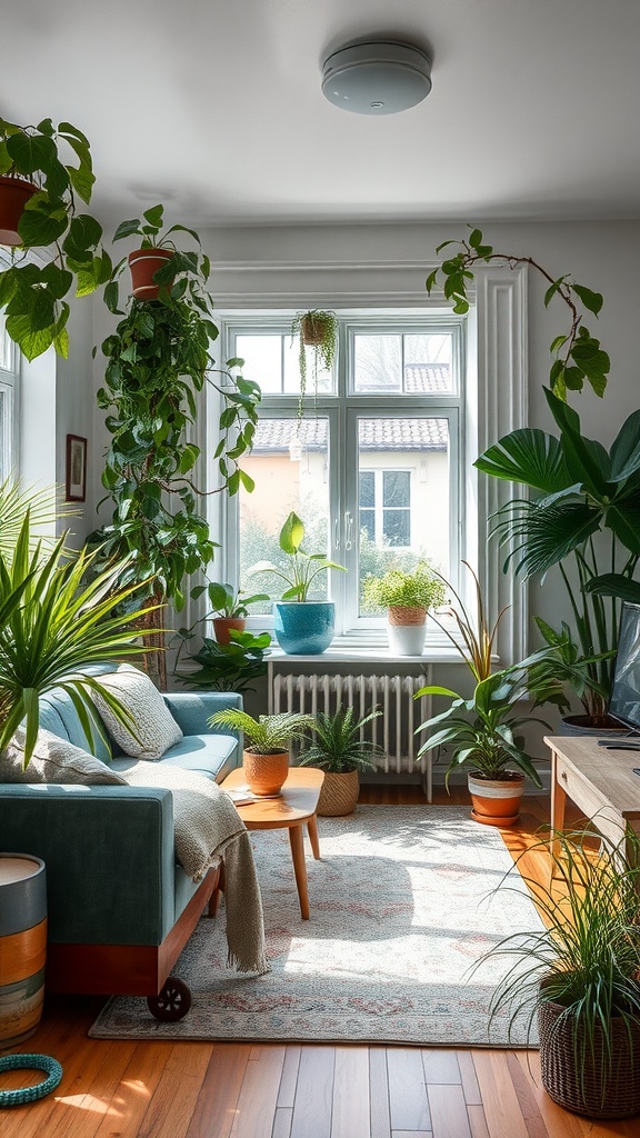 A cozy living room filled with various indoor plants, featuring a comfortable couch and natural lighting.