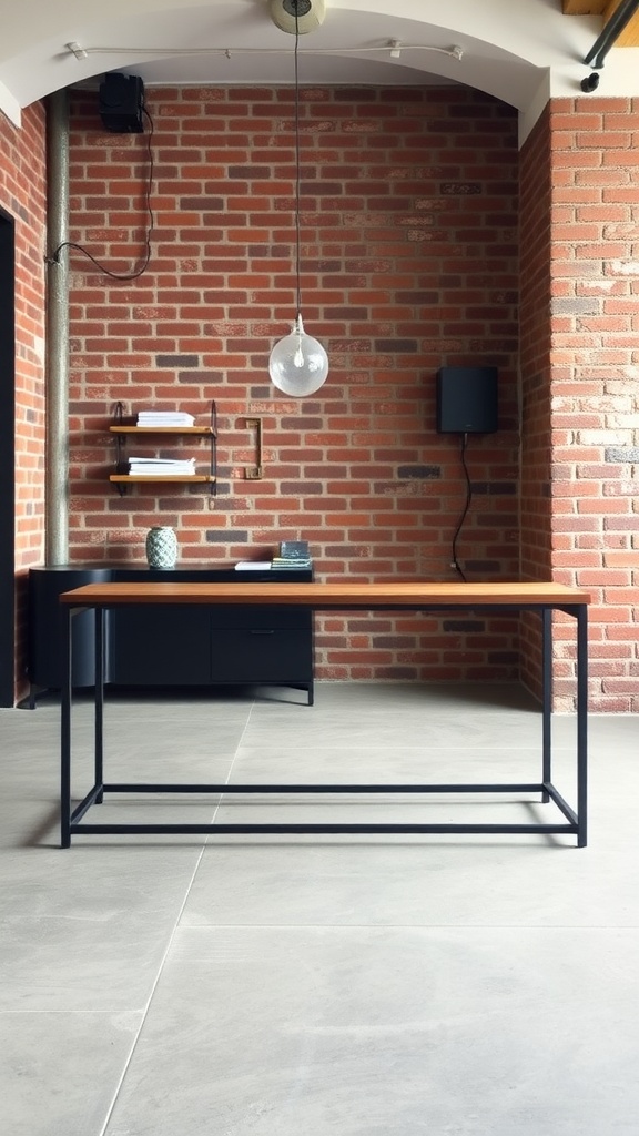 A sleek wooden console table with a black metal frame against an exposed brick wall.