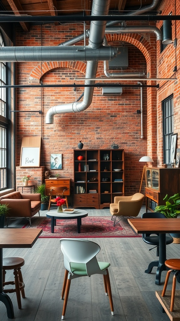 A cozy industrial retro interior featuring exposed brick walls, metal piping, wooden furniture, and plants.