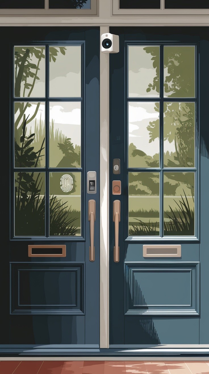 Stylish red French doors with glass panels and modern design