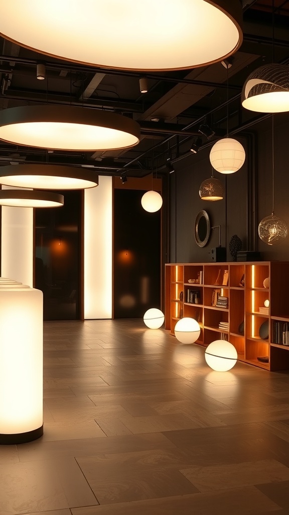 A modern room with innovative round lighting fixtures and a wooden bookshelf, showcasing mid-century modern design.