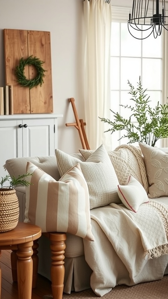 A cozy living room featuring a neutral color palette with textured pillows on a sofa, a wooden accent table, and greenery.