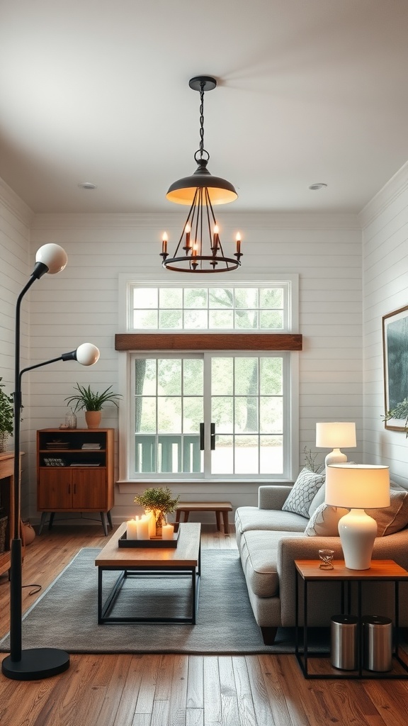 A cozy farmhouse living room featuring layered lighting with a chandelier, floor lamp, and table lamps.