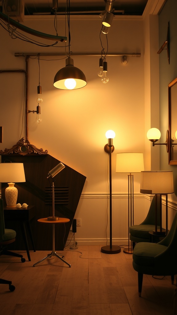 A cozy room featuring various lighting sources including hanging lamps, floor lamps, and table lamps.