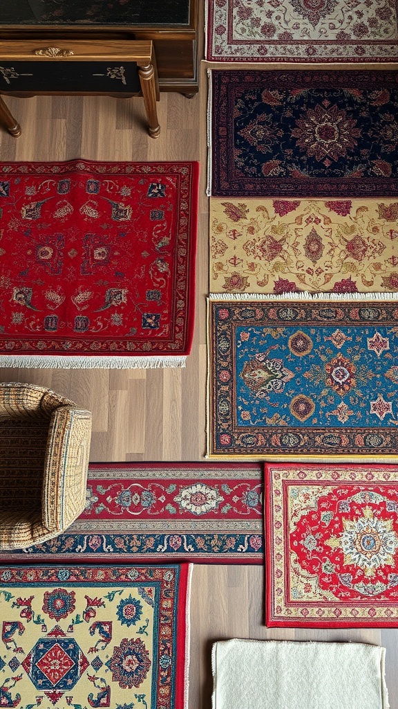 An overhead view of multiple layered rugs in vibrant colors and patterns on a wooden floor.