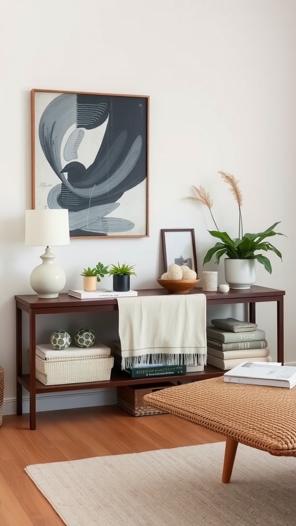A stylish console table adorned with layered textiles and decorative items.